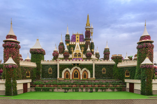 Big palace made of green grass and flowers in Miracle Garden. Dubai