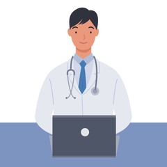 Male doctor in white medical coats working with his laptop computer. Vector illustration in a flat style