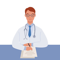 Male doctor in white medical coats writing a medical report. Vector illustration in a flat style