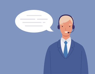 Man wearing a headset, the concept of customer service and communication. call center service job. Vector illustration in a flat style