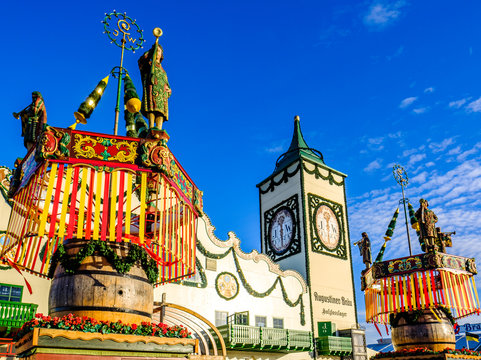 Munich, Germany - September 25: typical beertent with bavarian decoration at the annual Oktoberfest in Munich on September 25, 2017