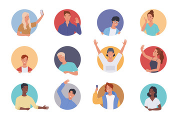 People doing various gestures in a circular frame. Men and women looking out of circle window. Vector illustration in a flat style