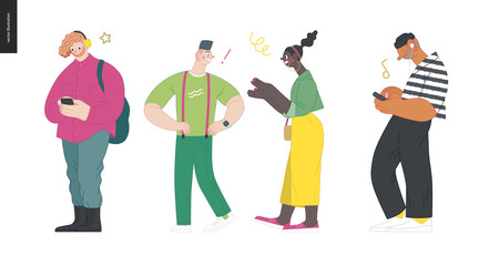 Waiting in line - modern flat vector concept illustration of a young men a women standing in line with smartphones, talking to each other. Multicultural, multilingual people, diversity concept