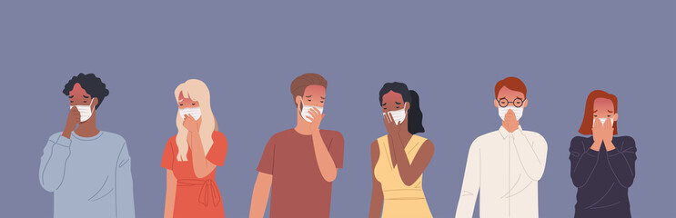 People wearing masks and coughing. Vector illustration in a flat style