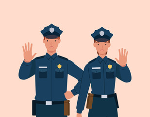 Policeman and woman showing gesture stop. Vector illustration in a flat style