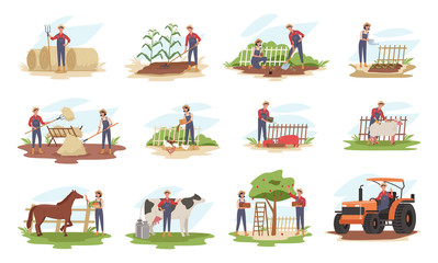 Set of farmers or agricultural workers planting crops, gathering harvest, collecting apples, feeding farm animals, carrying fruits, working on tractor. Vector illustration in a flat style