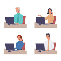 Set of smiling young woman and man operator with headset talking with customer. Business support and telemarketing vector concept. Call center. Vector illustration in a flat style