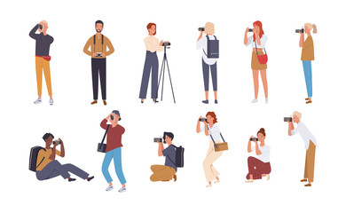 Set of various photographers holding photo camera and photographing.  Cute female and male cartoon characters take photo shot. Vector illustration in a flat style
