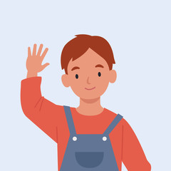 Smiling boy are waving hand in greeting. Vector illustration in a flat style