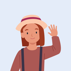 Smiling girl are waving hand in greeting. Vector illustration in a flat style