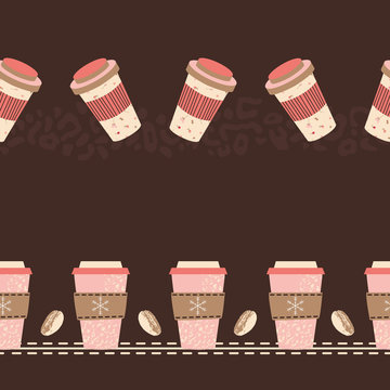 Coffee Traveling Mugs Vector Seamless Horizontal Borders Set