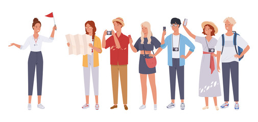 Tour guide lady and group of tourists. Vector illustration in a flat style - obrazy, fototapety, plakaty