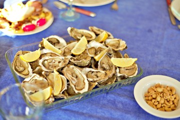 Oysters with lemon on a table blue background.from Nantes france
