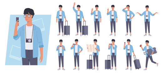 Tourist man with luggage character set. Different poses and emotions. Vector illustration in a flat style