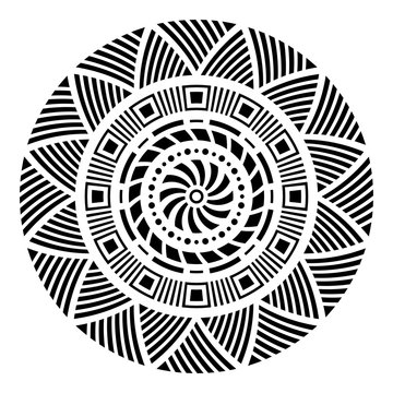 Abstract circular ornament. Ethnic mandala. Stylized sun symbol. Rosette of geometric elements. Tribal ethnic motif. Stencil tattoo and prints. Round  pattern. Decorative vector design element.