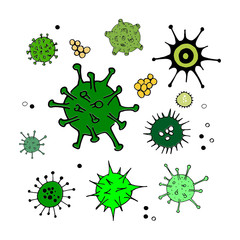 Viruses and bacteria doodle set. Simple colored green icons isolated on white. Microbiology vector bacterial cells isolated. Collection of hand drawn cartoon illustrations