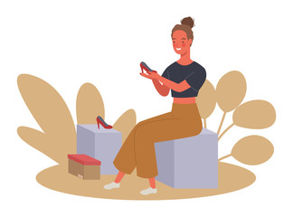 Obraz premium Women shopping. The girl is trying high heels. Vector illustration in a flat style