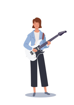 Young and beautiful girl playing the electric guitar