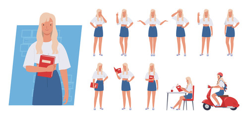Young woman character set. Student holding book, Riding scooter, Different poses and emotions. Vector illustration in a flat style