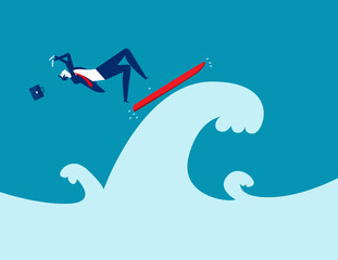 Falling from a surfboard, Business falling off concept - obrazy, fototapety, plakaty