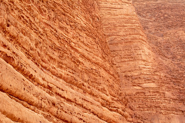 Close-up and detail of the geology and structure of the Khazali mountain in Wadi Rum