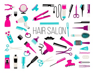 Hair salon - hair cut, manicure, makeup, hair coloring, hairdressing, styling professional beauty tools and equipment big set.