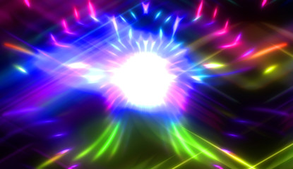 Pretty background of crossing beams of light and glowing particles. Wallpaper of vibrant colorful lights. Shinny light display..