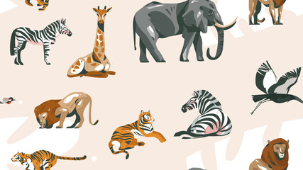 Hand drawn vector abstract cartoon modern graphic African Safari collage illustrations art seamless pattern with safari animals isolated on pastel color background © anastasy_helter