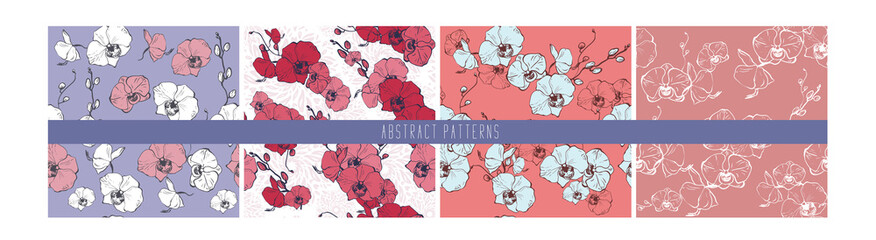 Floral set, orchid seamless patterns, hand drawing. Vector illustration. Collection for cards and labels, books and banners