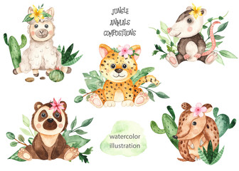 Watercolor composition with jungle animals and tropical plants and flowers.