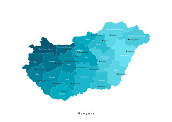 Vector isolated illustration. Simplified administrative map of Hungary (in blue colors). Names of hungarian cities and counties . White background