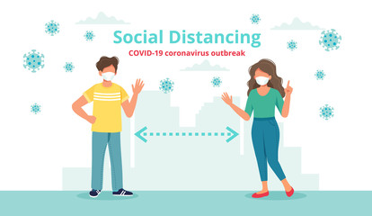 Social distancing concept with two people at a distance waving to each other. Vector illustration in flat style