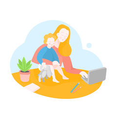 Quarantine working place. Mother freelancer with toddler. Stay at home. Mom office. Business woman works on a laptop with her baby. Online Education service for Self-isolation
