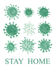 Card with the phrase Stay home with viruses illustration on white background isolated. Supporting design for covid virus quarantine, social isolation