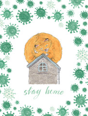 Card with the phrase Stay home and round red cat guarding the house from viruses around
