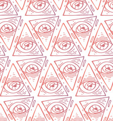 Trendy fashion all seeing eye seamless pattern. Hand drawn Eye pyramidal symbol. Alchemy, religion, spirituality, occultism, textiles art. Isolated vector illustration.