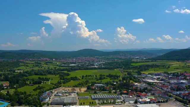Aerial view of the old part of town of Schorndorf in Germany. On sunny day in summer.