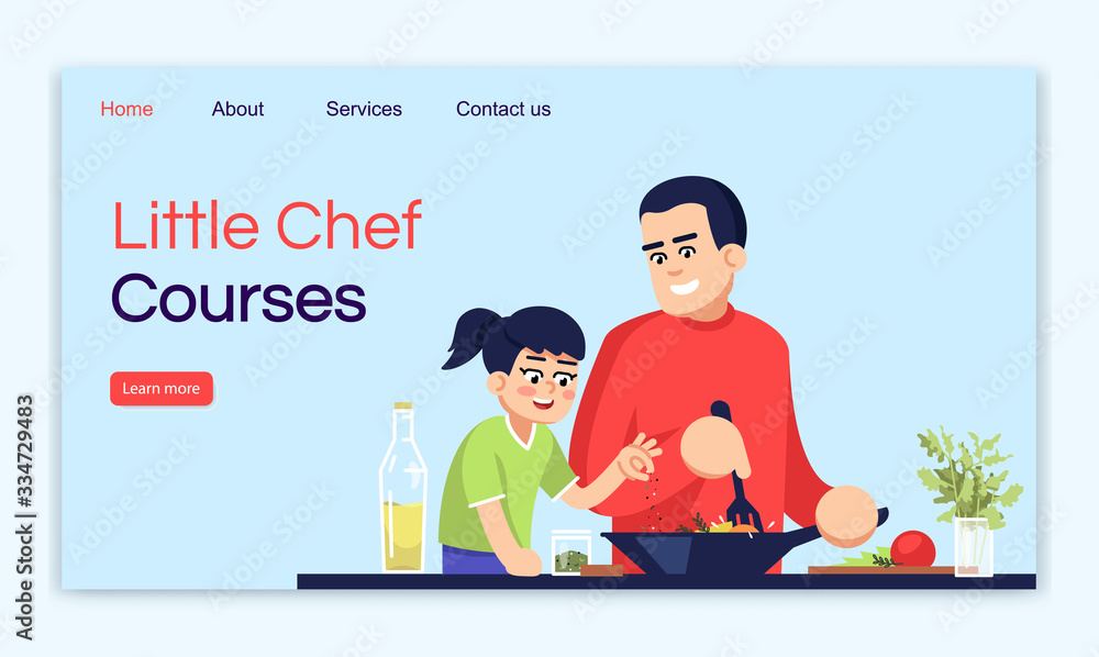 Poster little chef courses landing page vector template. master class website interface idea with flat illu