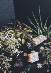 Citrine, amethyst and moss agate crystals on a black table among forest greenery, dried flowers,...
