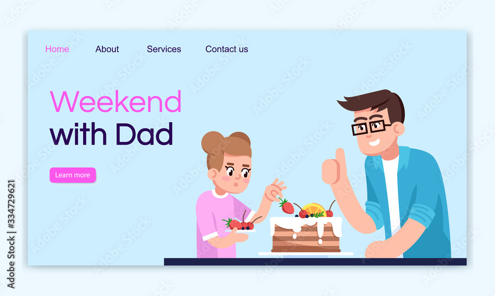 Poster weekend with dad landing page vector template. cooking parent and kid website interface idea with fl