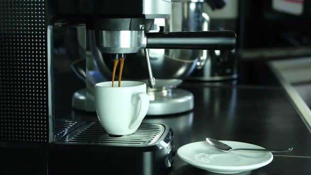 expresso coffee machine making black cafe hands close up 4k 50fps footage