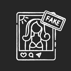 Fake influencer chalk white icon on black background. Fraud blogger profile. Mislead with photo in account. Deception with social media page. Isolated vector chalkboard illustration