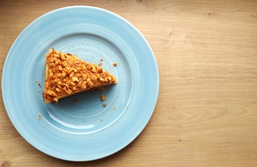 Piece of home made honey cake on plate. Top view. Copy space
