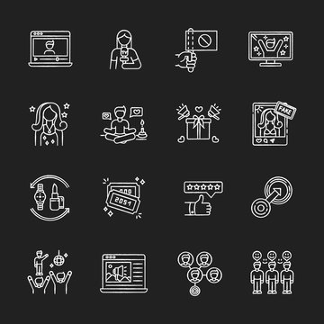 Social media promotion chalk white icons set on black background. Barter of products. Mass effect. Native integration. Target marketing. Lifestyle blogger. Isolated vector chalkboard illustrations