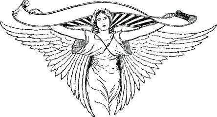 Angel with wings holding a scroll over her head, Vintage Engraved line art drawing black and white Illustration