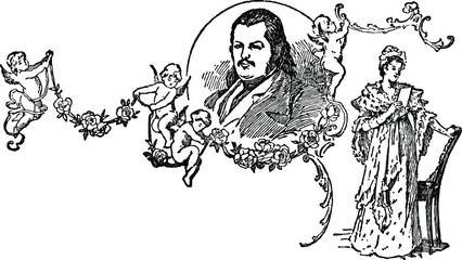 de Balzac portrait with lady reading book, Vintage Engraved line art drawing black and white Illustration