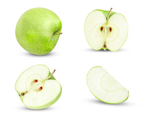 Set of whole, half and quarter green apples on a white isolated background.