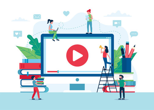 Online education concept, screen with video, books and pencils. Small people characters. Vector illustration in flat style