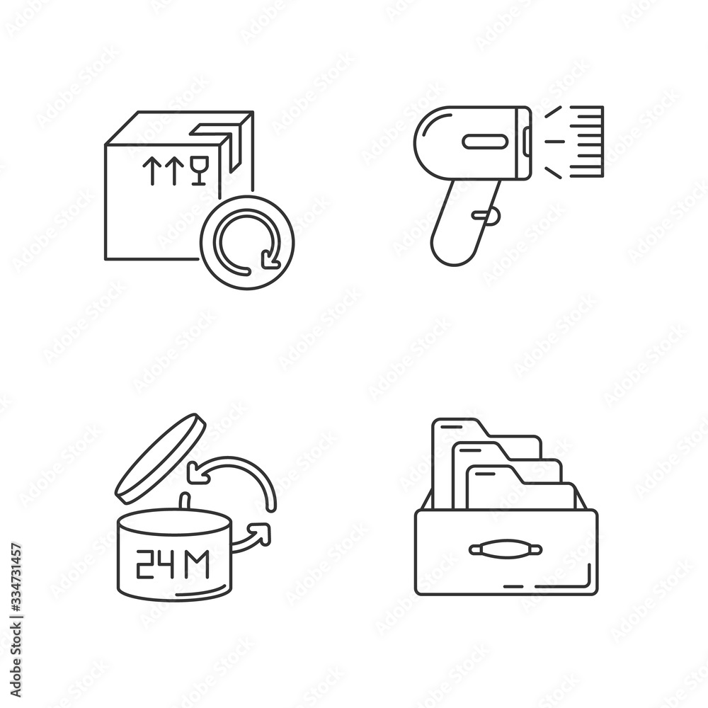 Poster merchandise quality accounting and control pixel perfect linear icons set. goods shelf life checking