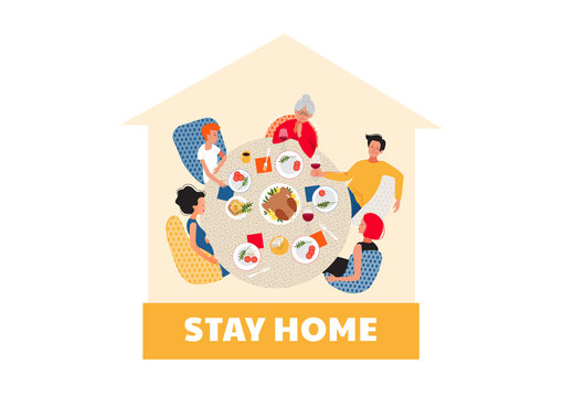  Stay home. Lockdown. Dinner with extended family. Family around the table during quarantine. Covid-2019. Coronavirus pandemic. Flat cartoon style design vector illustration.